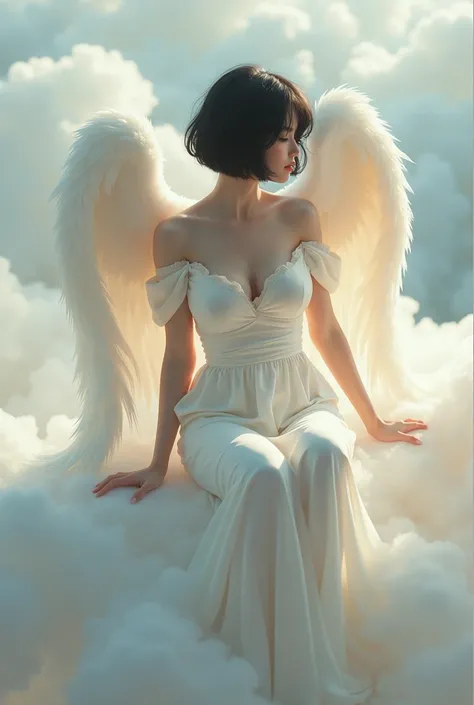 An Angel Girl, high quality, Soft Skin, white, short black hair to the neck, sexy big breasts , Sexy body with not so big wings and a long, tight, half-transparent white dress that comes out sitting on a cloud 