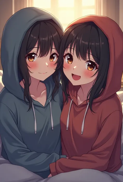 Sisters　２people　成people　Upper Body　beauty　hoodie　2peopleともフードが顔と髪を隠す　smile　Gaze Here　room　bed　relax　hoodie　masterpiece　Anime illustration