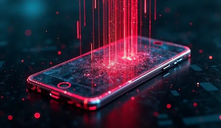 (Glitch Art), Holographic, cell phone virus attached, Vertical red graphic lines entering the device screen 