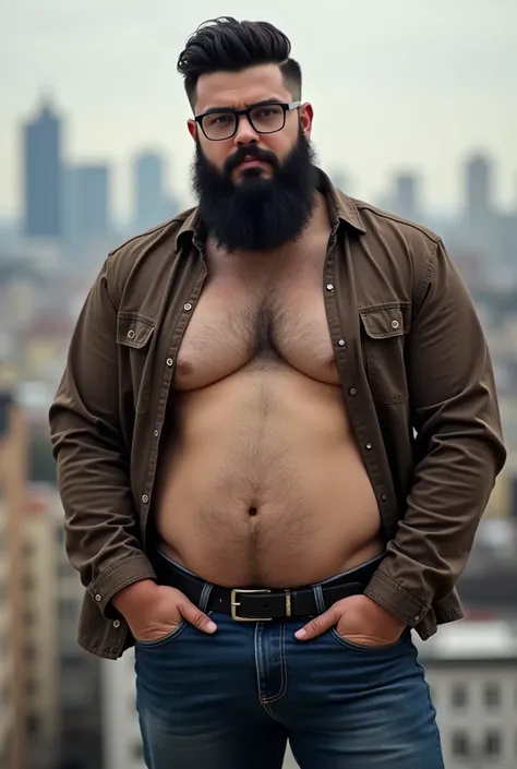 solo, anthro, bear, black beard, chubby, (cool posing:1.1025), casual outfit, brown eyes, hipster glasses, 5 fingers, daylight , big city background, 4k, high resolution, banner, nude, penis out, small penis