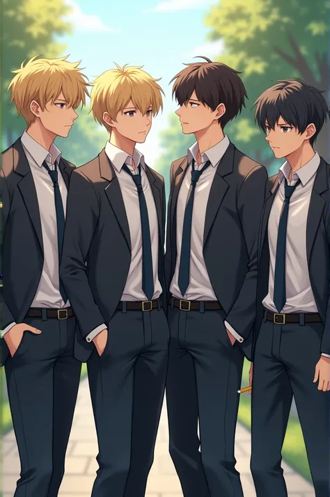 

"Four young men, two blondes and two with black hair, all standing together side by side. One of them has a cigarette in his hand, and they are all wearing school uniforms."

