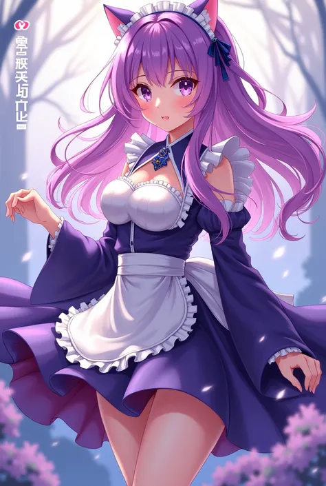 icon from zenless zone zero I want a nekomata vtuber anime with purple long hair with a pink tip and she has purple eyes, one darker and one lighter, and I have a body with medium chest and medium thighs, wearing a maid kimono with a long skirt