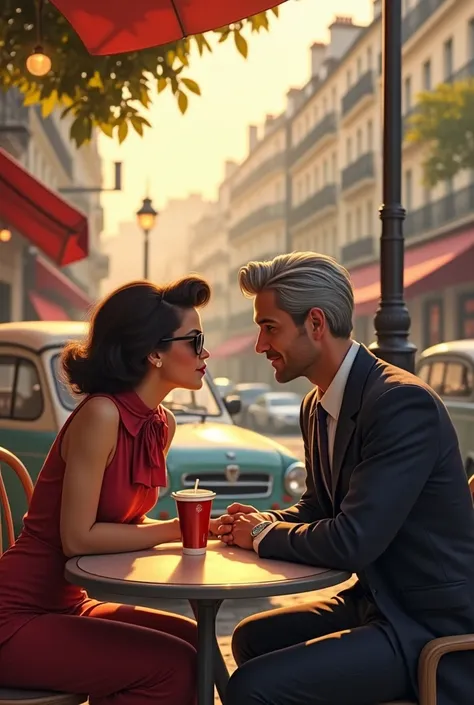 At an open-air cafe in Paris、A beautiful woman and a man are sitting and eating, gazing at each other and reminiscing about old times.。A retro car is parked nearby.。A woman wearing rockabilly clothes, sunglasses and a scarf、A gentlemanly, nice guy with gra...