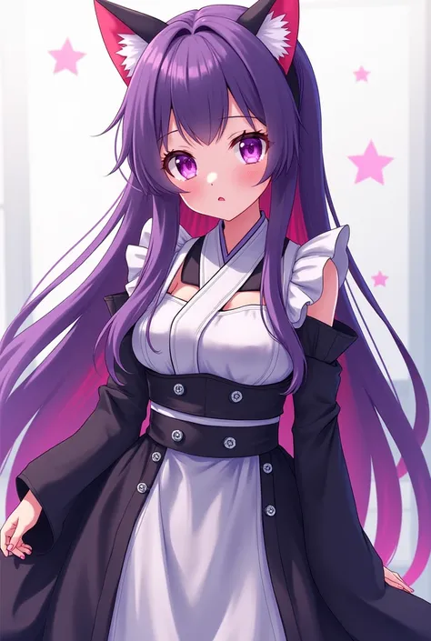 icon image  want a nekomata vtuber anime with purple long hair with a pink tip and she has purple eyes, one darker and one lighter, and I have a body with medium chest and medium thighs, wearing a maid kimono with a long skirt