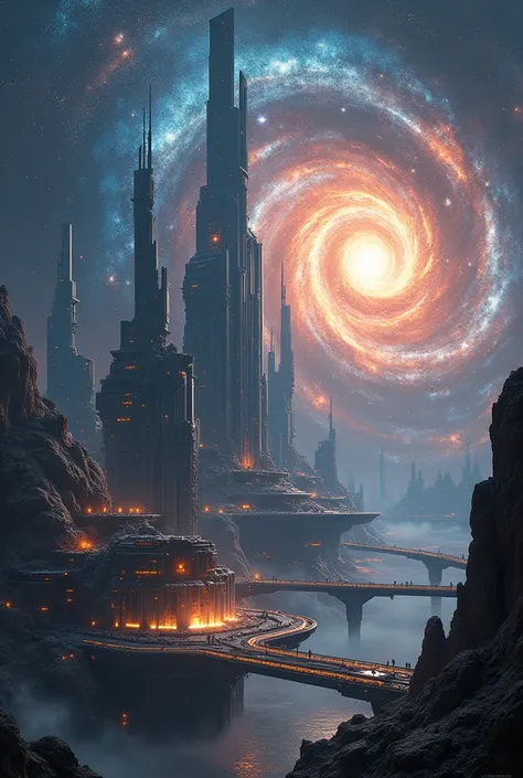 A cosmic city that is using a galaxy as a support