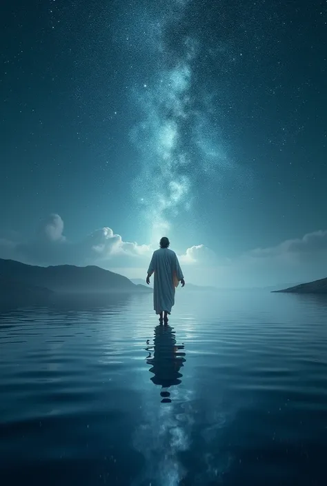 Jesus Christ on the waters and the sky full of stars and the water reflects the sky in a very realistic and cinematic scene 