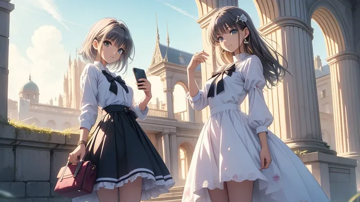 Masterpiece, ultra high quality anime style illustration, 8K, ancient castle in England, palace within the castle. (((One young princess high school girl))), very beautiful 1 ((one girl)), ((one beautiful girl)) (((standing in front of the palace))), ((hol...