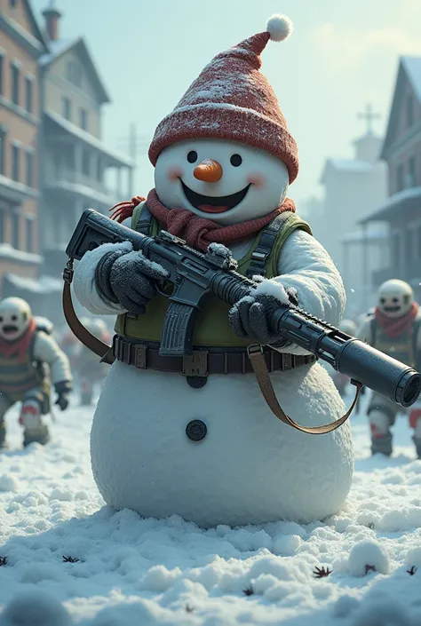 Frosty the snowman with holding heavy artillery shooting zombies in an apocalypse 