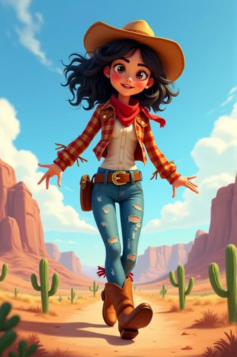 Animated cowgirl girl with black curly hair 