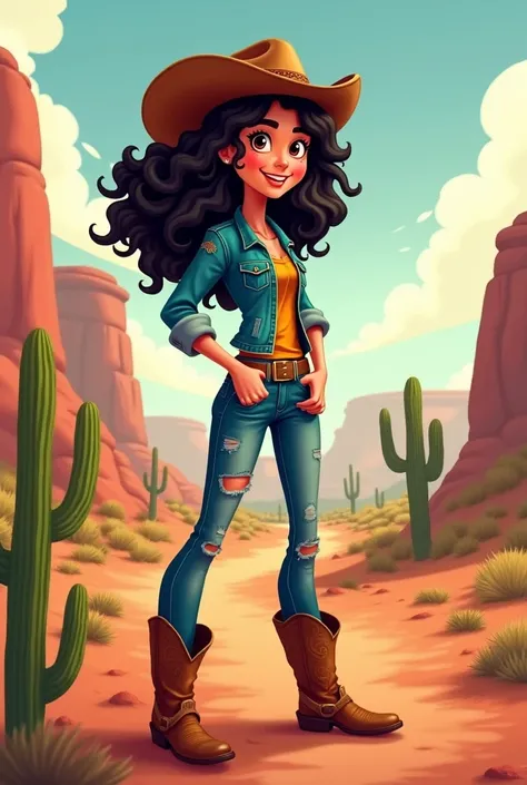 Animated brunette cowgirl girl with black curly hair
