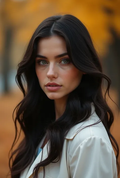 Make a woman looking straight ahead with long, wavy, dark hair and snow-white skin, pink lips,Green eyes with blue and only the scientist&#39;s coat can be seen on the shoulders, with a normal look looking as if on a warm autumn day he was hugging her, pre...