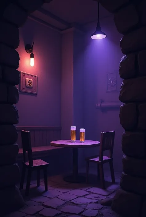 ((best qualityer)), a dark tavern without light with purple colors, there is a table next to it with two chairs and empty thick glasses with an outlet on one wall, the place has no windows and no lamps or lights