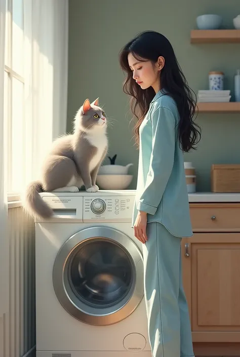 A young woman with long hair wearing light blue pajamas stands next to a washing machine and a gray cat is on the washing machine.