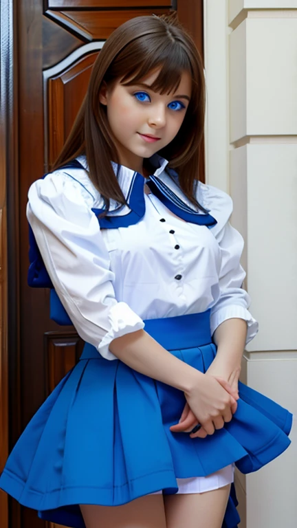 russian girl with blue eyes with blouse and very short skirt