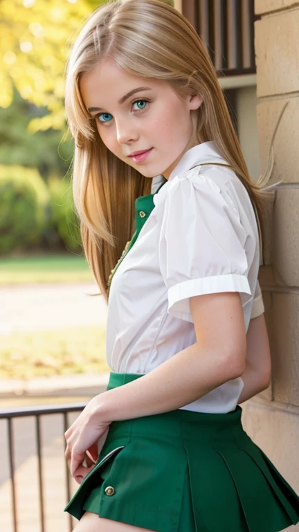 white-skinned girl with green eyes wearing a blouse and very short skirt