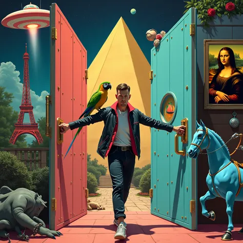 Un homme avec des vêtements futuristes pousse des deux mains des portes futuristes  avec des figures géométriques de couleurs différentes sur la porte et devant lui une pyramide avec de lherbe et des animaux ,le tout ressemblent à la peinture que jai publi...