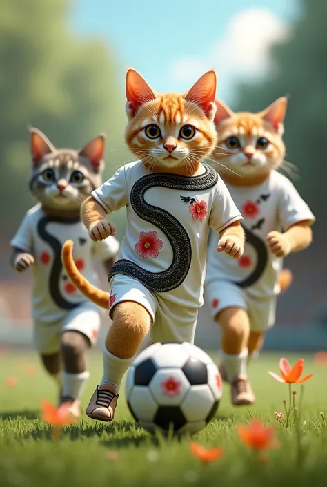 an image where there are four soccer cats with a snake uniform but the uniform is white and the snake is black and has red flowers But see where the three cats are seen And that it is a little prettier but the four cats are different colors but they are fo...