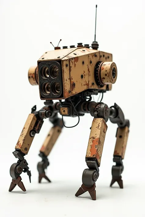 Rustic, Mechanical robot with peeling paint, quadrupedal, Slender legs, Scratched surface, Functionality Enhancements, Multiple joints, antenna, Beige and auburn camouflage finish, Metallic texture, Industrial Design, Pointed, claw-like feet, Robotic aesth...