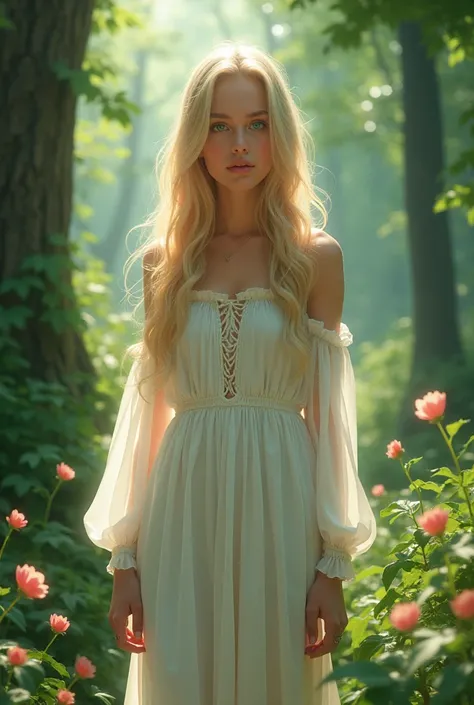 Blonde girl with long hair, one blue eye and the other green eye, wearing a long white dress with long sleeves in the middle of the forest 