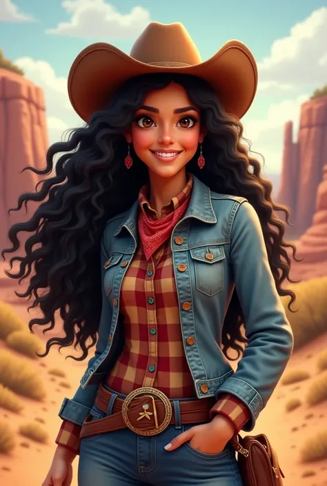  , cheerful brunette cowgirl with very long black curly hair
