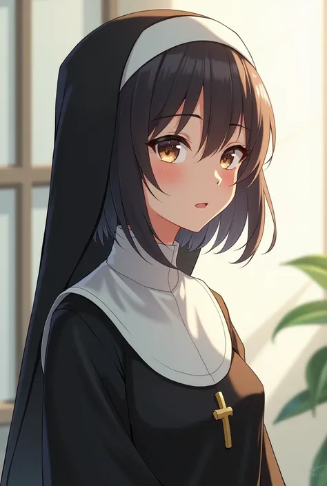 Young anime nun with short hair without a habit 