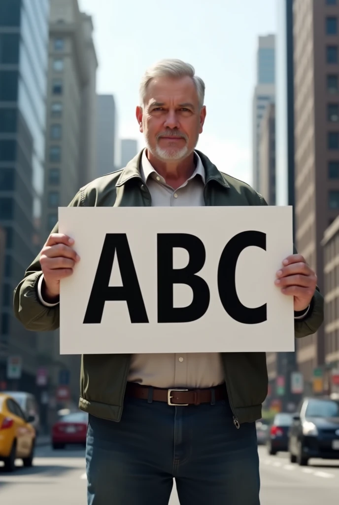 Man holding sign saying "abc"