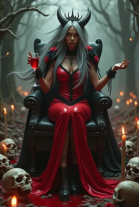 Young African woman floating, levitating, long grey hair, vestida latex red,  blood, calaveras, candles, jewelry, black roses dress, veil, seated on bones, spirits behind, ropa latex red, cemetery , wickedly playful laughter, witch, hell , umbanda, black m...