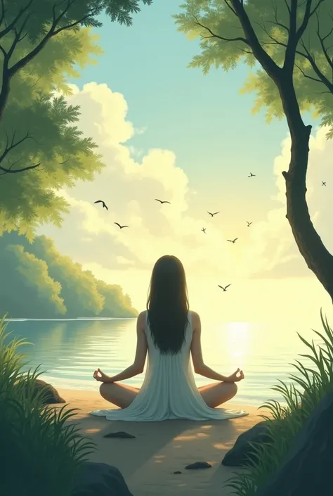 A person meditating in a natural environment, with a calm and relaxing landscape, like a forest or a beach at dawn. His expression shows serenity, while a gentle breeze moves her hair. At the bottom, small clouds are seen scattered in the sky, which sugges...