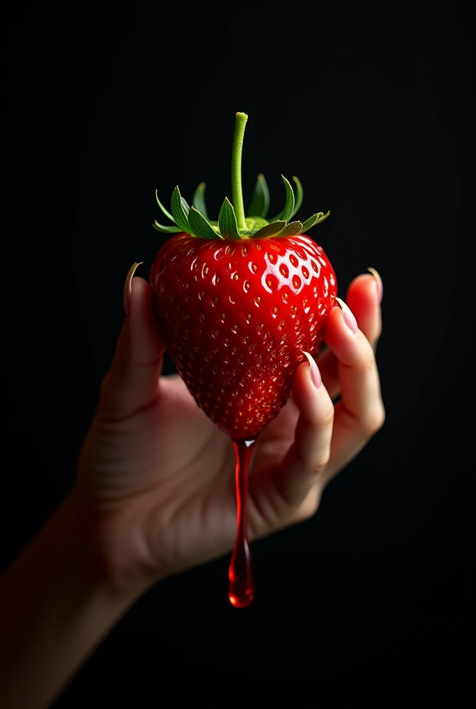 make a beautiful and juicy strawberry in the center of the image, there is a female hand holding the strawberry by the green stem, the strawberry is juicy and is melting and dripping, black backdrop 