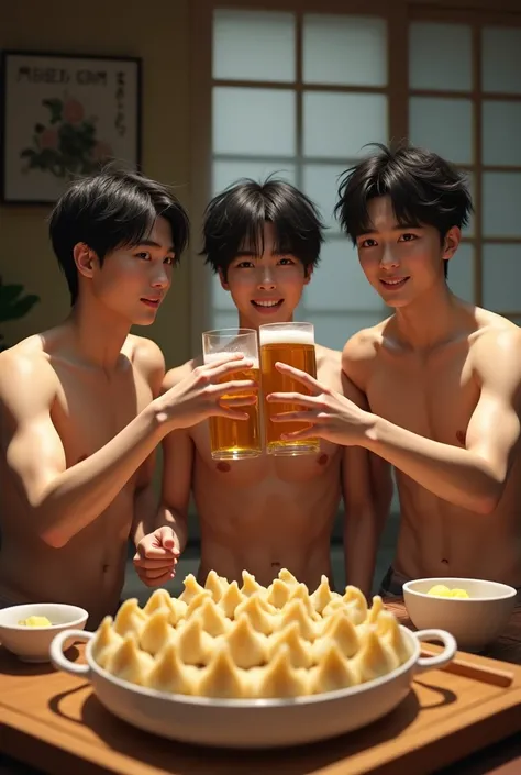 3 young men、Black disheveled hair、Completely naked、Full nudity、完全Completely naked、Naked、Slim body、Realistic Hyper-Realistic、Real Japanese、UHD  8k、Detailed Photos、Perfect Face、Toasting with beer、A large number of shumai are lined up on the table