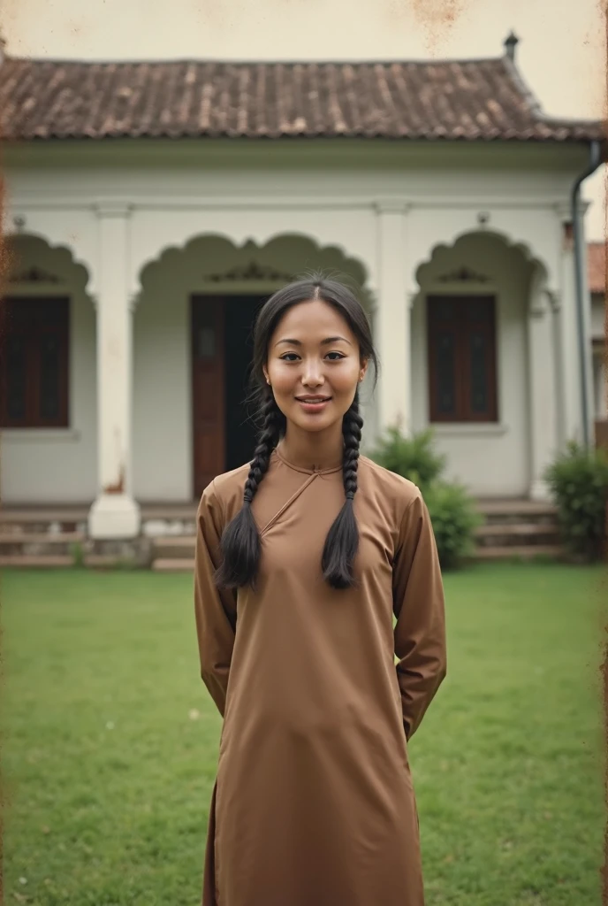 1 teen vietnamese girl wearing plain brown aodai, hair braid,smile at the camera, in the lawn of saigon colonial house, old bw photo