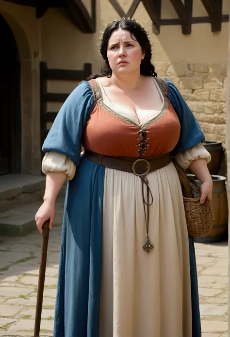 1mature, beautiful chubby mother, peasant, sweating, very sweaty, middle-age, black hair, detailed face, beautiful face, cleavage, chubby-curvys, tall, chubby, medieval dress, medieval style poor peasant, full body,background in medieval age, soft nsfw