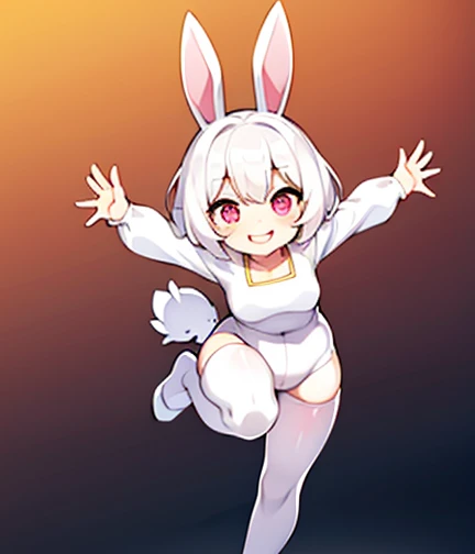 Cute white bunny girl，cute expressions，cute style, Warm colors predominate, black leg lycra, white long shirt, dynamic pose, short hair, smile, full body, pink eyes