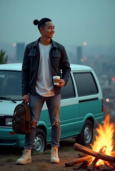 The handsome, full-bodied taiwan young man was seen wearing a black leather jacket, undercut hair combed into a man bun. white t-shirt, standing in front of a turquoise white van, with a backdrop of high-rise buildings in the center of korea, he is on a hi...