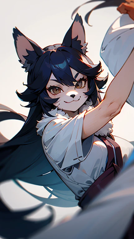 masterpiece, Full-HD, females, kemono, furry face, evil smiling, dancing, looking at viewer, absurdly long hair,  white background, upper body, ground-level shot