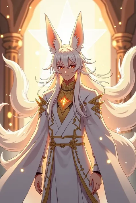 Kitsune Monarch of Light: Stylish and handsome male kitsune with elegant human appearance. Nine tails symbolize wisdom and power. anime styling/realistic manga, Long white hair, white outfit with luminous details. Light abilities. Heavenly ambiance with ra...