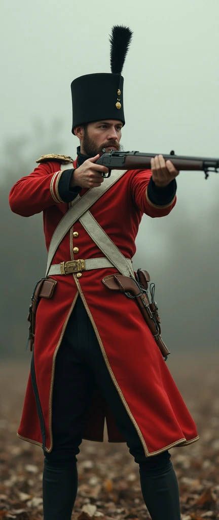 Side view, battle scene, Shooting pose,  British soldier from the Opium War era, English young man ,White man, 28-age, wearing a red coat with white cross belts, black trousers, and a tall black shako hat, shooting a musket rifle, ((Surrealism, Verism, UHD...