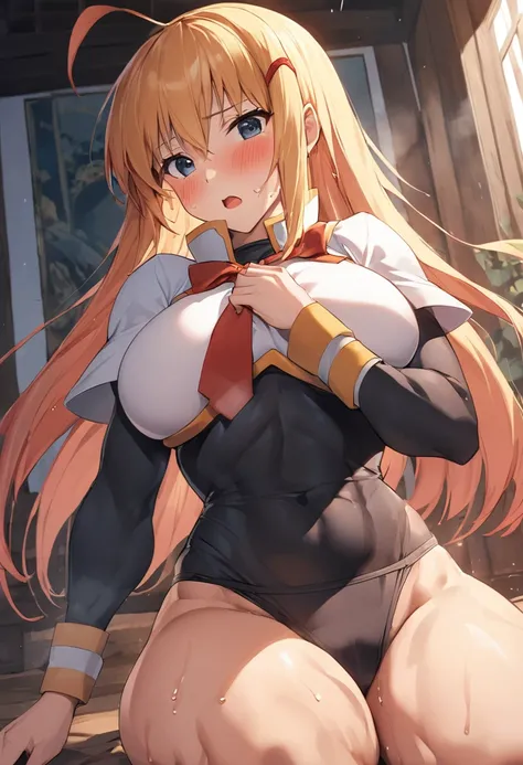 masterpiece, Highest quality, High resolution,(Darkness), (KonoSuba),30 years old, adult lady, (tall:1.2),Height: 170cm,1990s(style),(E-cup beautiful breasts)，Black long sleeve underwear,Red hair clip in hair,Sweating all over the body,Brawny　muscle　body,s...