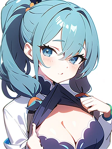 anime girl, variety of hairstyles, blue, orange, green, violet, brown, white, white background, cleavage, lifted by self, 
