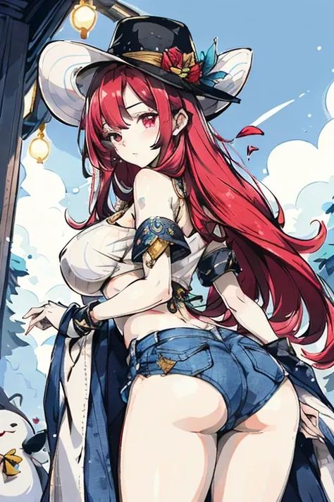 ((Highest quality)), ((masterpiece)), (detailed),A woman from behind, Red Hair, Red Eyes, Jagged Long Hair,Slender,Big Breasts,20 units,Look away,sleepy,Thin eyebrows, Armor gloves,pointed boots,bikini,White top,Blue jean shorts,White Hat,Wide brim,Rose de...