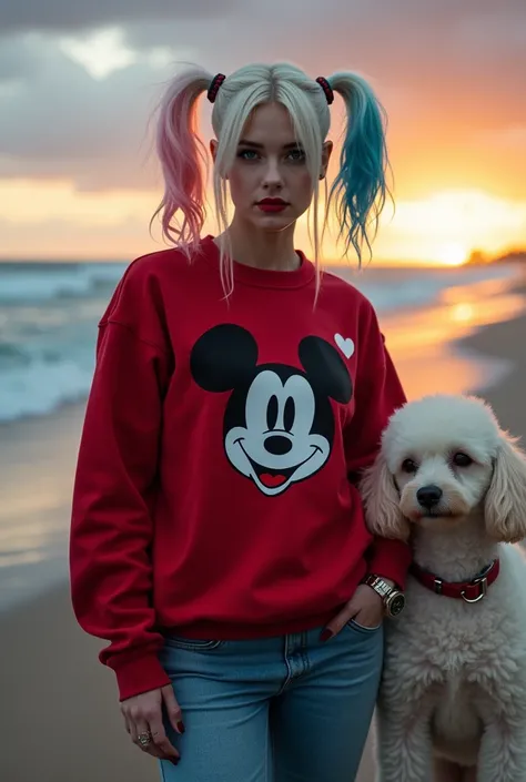 cinematic image portrait of Harley Quinn with platinum hair divided into two parts and colored pink and blue she has blue eyes red lipstick small heart tattoo black color I have face and she is wearing a red Mickey sweatshirt jeans and watch and next to her on the beach sand a white podlee dog with curly hair and she is on the beach at dusk  