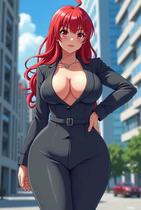 An anime woman with colossal breasts and red hair. She is barefoot and wearing a formal suit with the lower part of said suit as a long gray dress. Potential wardrobe malfunction at the chest area. The background is a modern cityscape. The upper part of he...