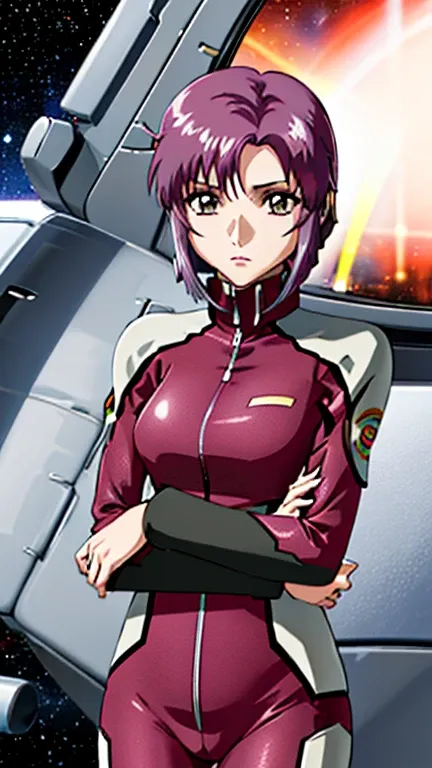 ((NFSW:1.6)), Detailed illustration of a female pilot、((Light purple hair、Short Bob:1.6))。She was designed to be mobile.、He is wearing a futuristic and stylish pilot suit、This suit has a very technical look.、She is holding a helmet in her arms。His expressi...