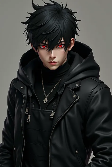 • Jet black hair 
• Manly
• Menacing 
• Youthful
• Blackened Red eyes 
• Tough 
• Black leather hooded jacket 
• Black clothing 
• Black overalls 
• Badass
• Lookism 
• No facial hair 
• Razor fade haircut 