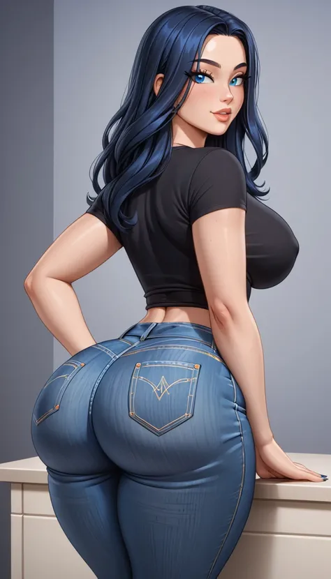 a slim thick girl in a blue jeans and a black shirt, thicc, big booty, thick, thick thigs, jeans, tight denim jeans, blue jeans, buttshape, black extremely tight jeans, she has a jiggly fat round belly, wearing jeans, blue jeans. unreal 5, beautiful thick ...