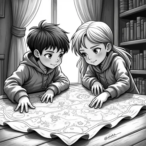 Illustration of a boy and girl finding a map (black and white illustration) (girl and boy)