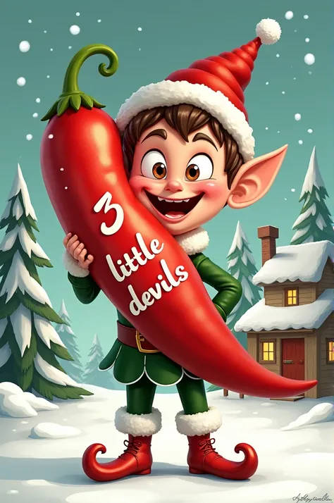 a Christmas elf with a hot pepper that says 3 little devils in Spanish 