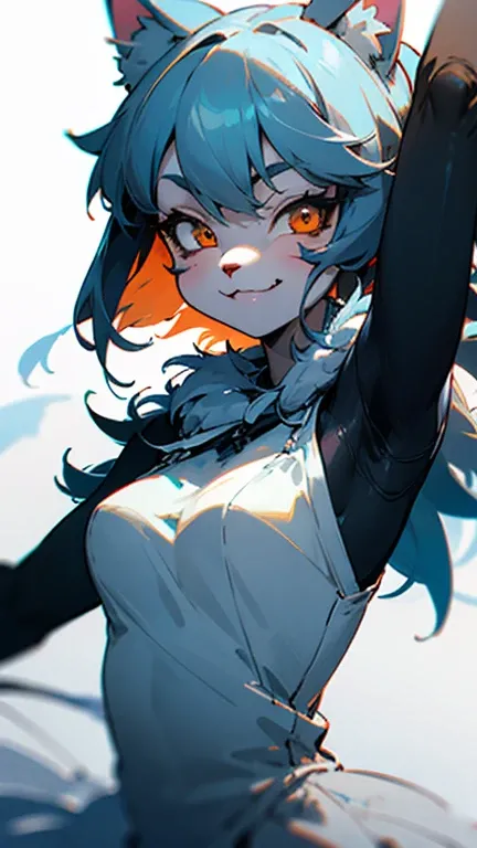 masterpiece, Full-HD, females, kemono, furry face, evil smiling, narrow eyes,dancer, dancing, dress, looking at viewer,  white background, upper body, dutch angle shot