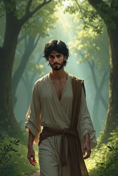 A handsome Arab young king is walking alone in the forest in simple clothes and he is very sad his eyes have tears and he is worried his hair is black his eyes are beautiful and big his color is white