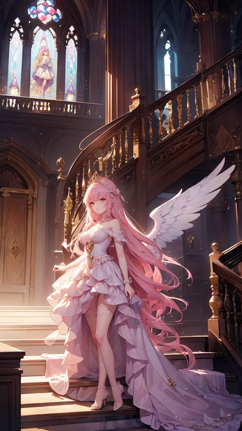 This is an enchanting scene featuring a young girl standing at the center of a grand staircase in a luxurious fantasy castle. She is wearing a flowing pink princess dress, and magical, sparkling lights swirl around her as she gracefully floats above the st...